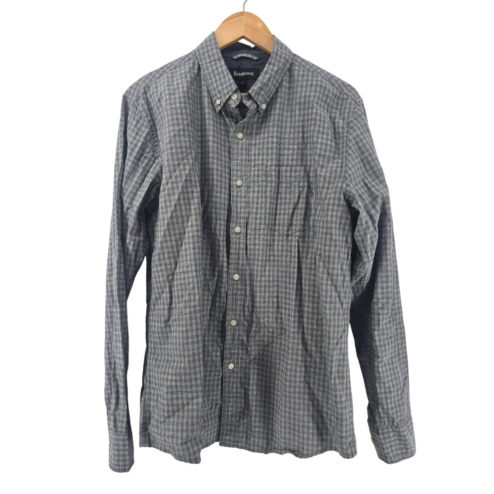 Betabrand Button Front Shirt Mens Large Gray 0568-GSW Plaid Organic Cotton Hemp